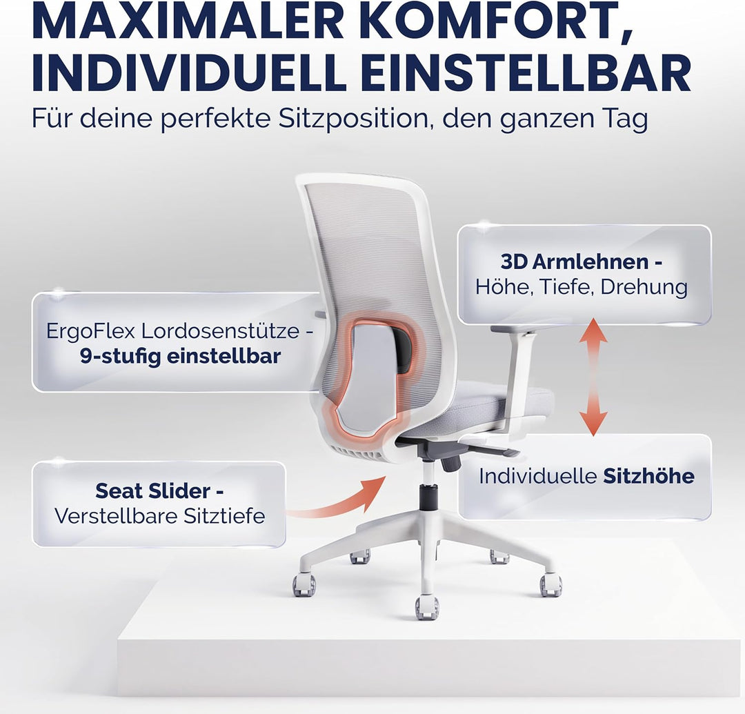 SCHEKKA Ergonomischer Bürostuhl [verstellbare Lordosenstütze] 3D-Armlehnen | Atmungsaktives Mesh | E