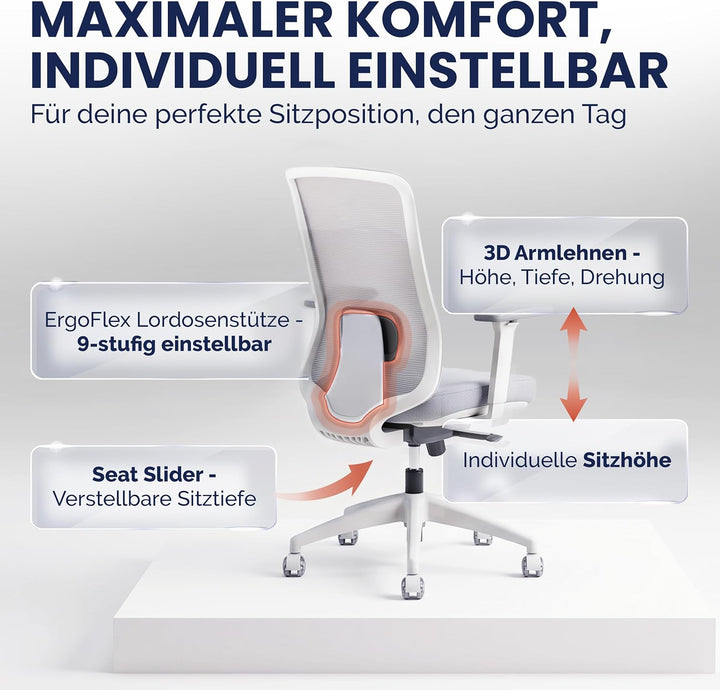 SCHEKKA Ergonomischer Bürostuhl [verstellbare Lordosenstütze] 3D-Armlehnen | Atmungsaktives Mesh | E