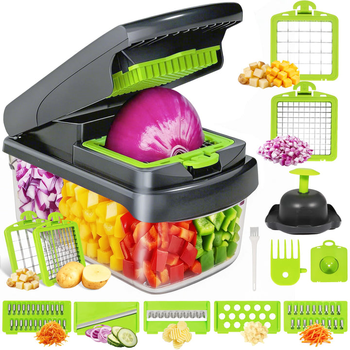 14-in-1 Gemüseschneider, Gemüsehobel mit 7 Einsätzen & Aufbewahrungsbox, Multifunktionaler Vegetable