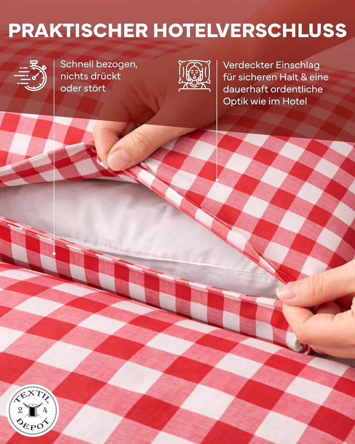 texpot Landhaus Bettwäsche Rot Kariert mit Hotel (Garnitur 135 x 220 cm + 80 x 40 cm), Garnitur 135