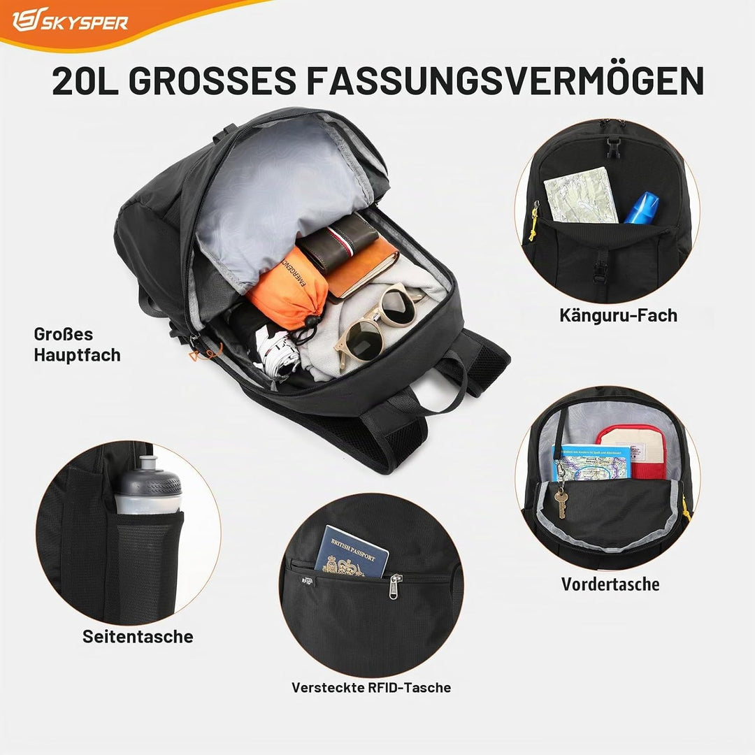 SKYSPER Faltbarer Rucksack RFID-Schutz, 20L kleiner Rucksack Wanderrucksack Damen Herren Tagesrucksa