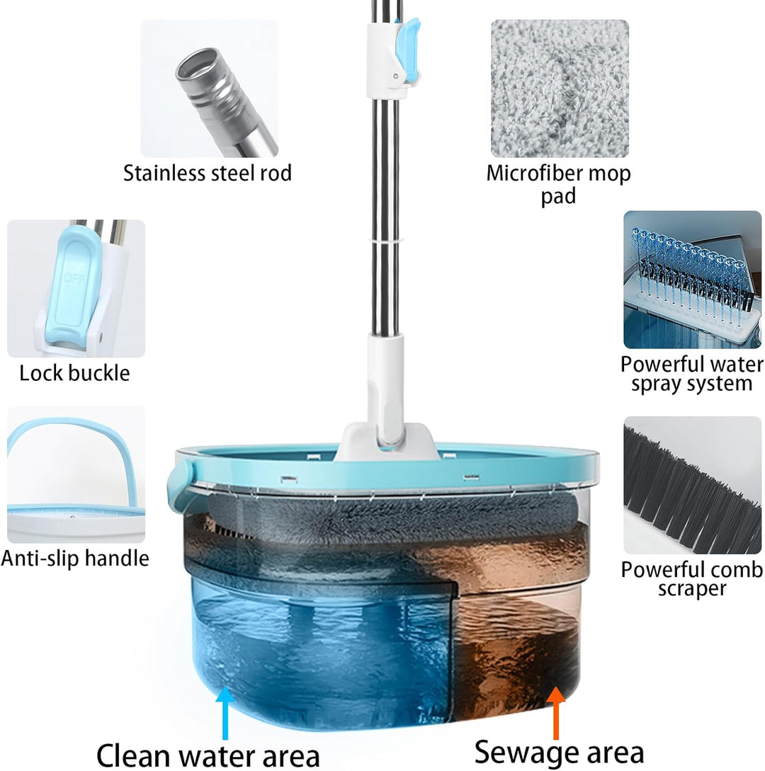 Withosent 130cm Wischmopp Set mit Eimer, 2-in-1 Filtersystem Trennt Schmutz von Frischwasser, Putzei