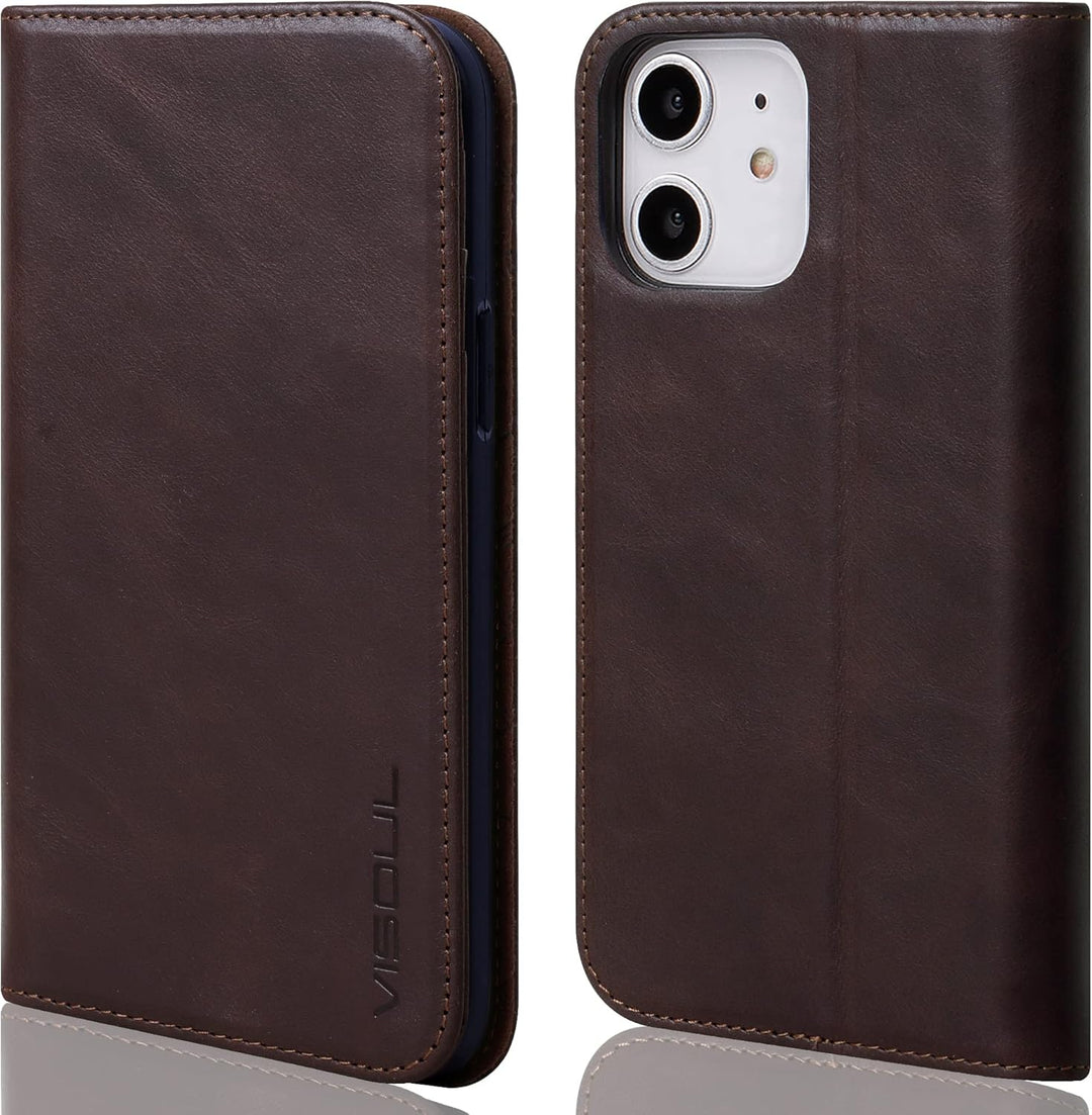 VISOUL iPhone 12 Mini Hülle,Stossfeste Handyhülle [Echtleder] [RFID Schützt] [Kartenfach] [Magnet] [