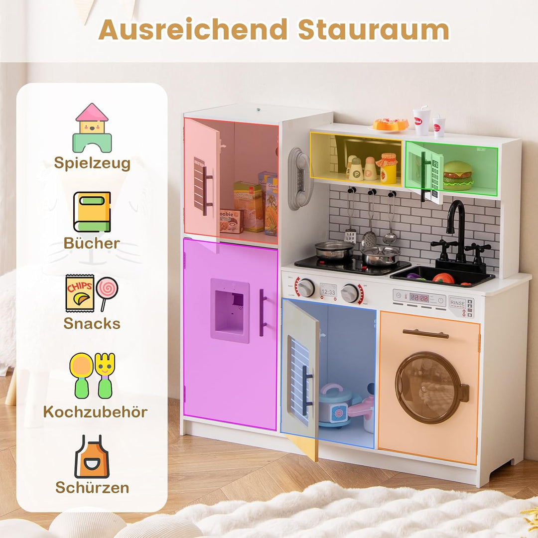 COSTWAY Kinderküche mit Licht und Sound, Spielküchen Holz mit Ofen Mikrowelle Telefon Wasserspender,
