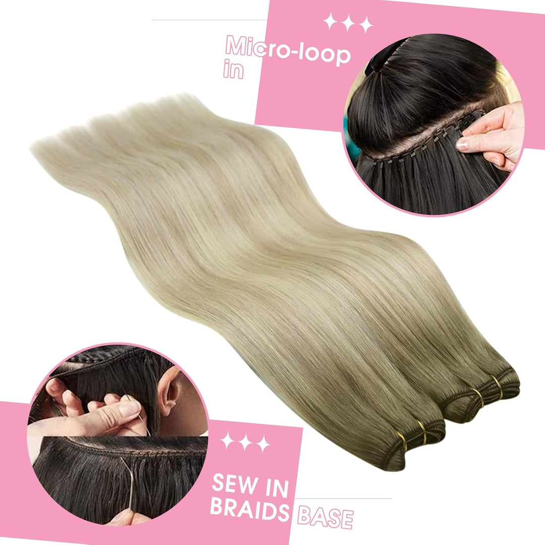 YoungSee Echthaar Tressen zum Einnahen Blond 40cm Tressen Echthaar Aschblond Ombre Blond Haartressen