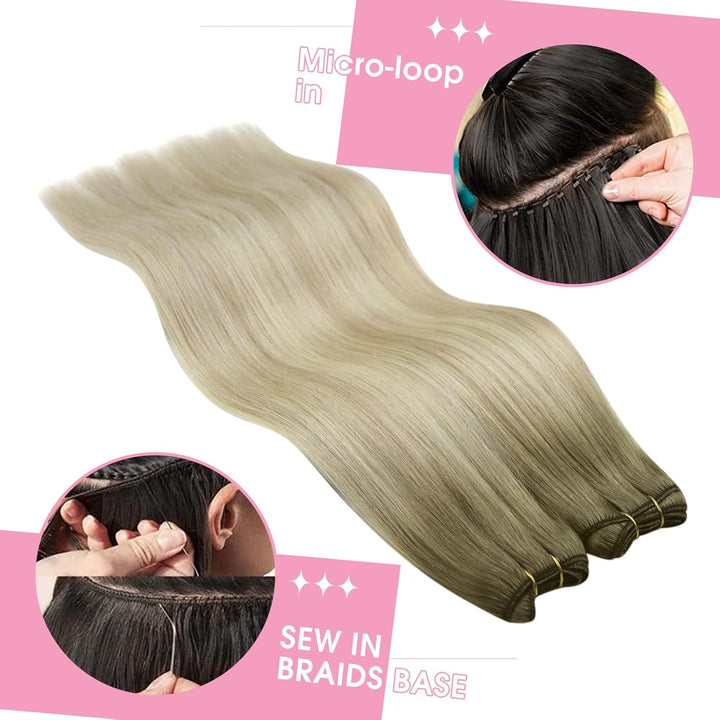 YoungSee Echthaar Tressen zum Einnahen Blond 55cm Tressen Echthaar Aschblond Ombre Blond Haartressen