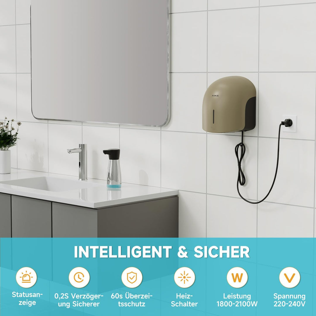 AIKE GentleAir Warmluft Handtrockner, Leise für Zuhause & Bäder, AC220V-240V, Düne Gelb, Düne Gelb