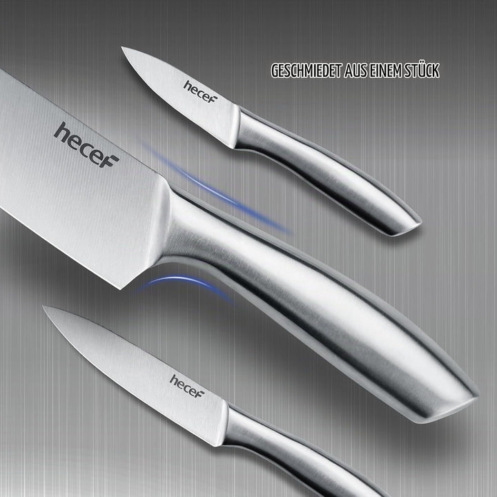 hecef 5-tlg Messerset, Scharfes Küchenmesser Set, Alles in Edelstahl Silber Schneidemesser, Chefmess