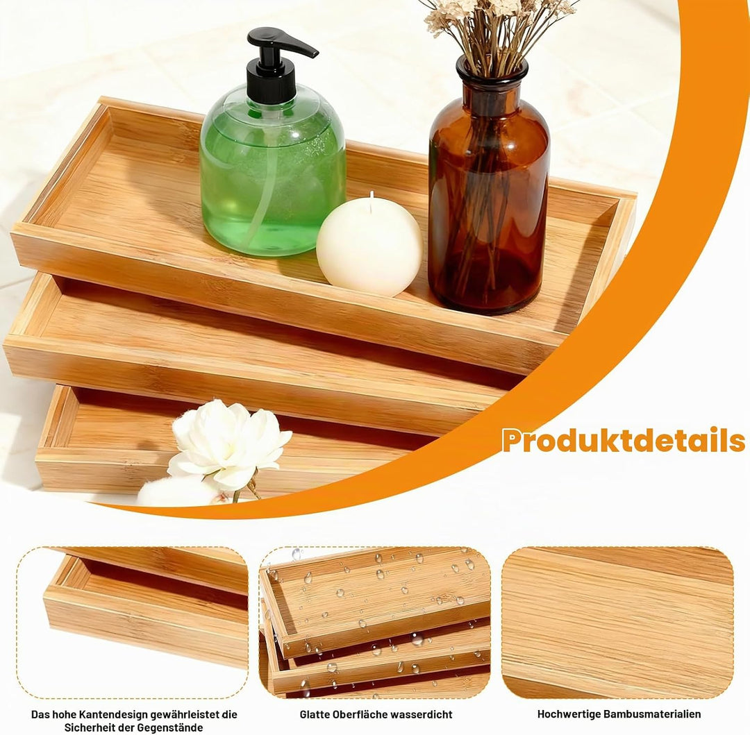 3 Stück Bambus Serviertablett, Rechteckig Holztablett 29×11×3cm Badezimmer Tablett Kosmetik Holz Tab
