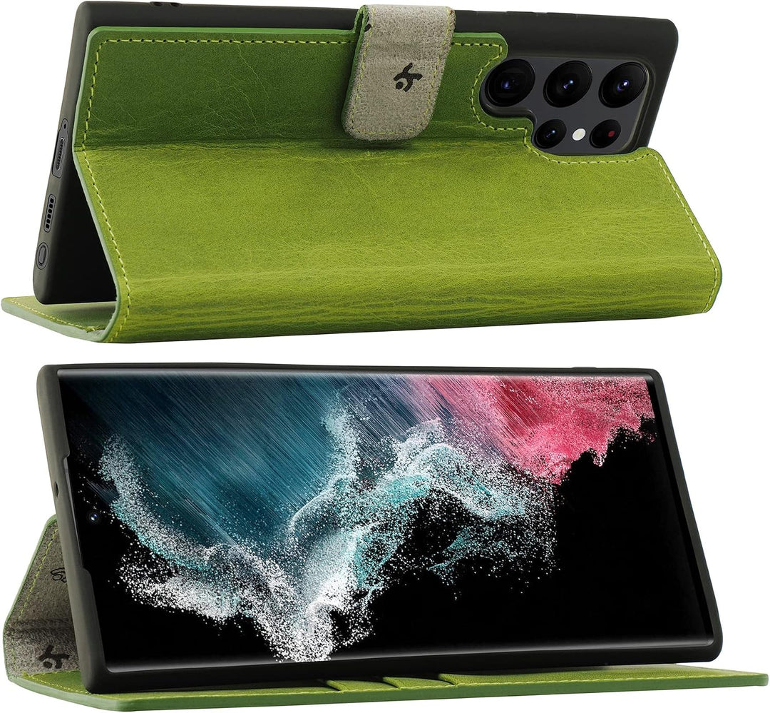 Suncase Book-Style Hülle kompatibel mit Samsung Galaxy S22 Ultra 5G Leder Tasche (Slim-Fit) Lederhül