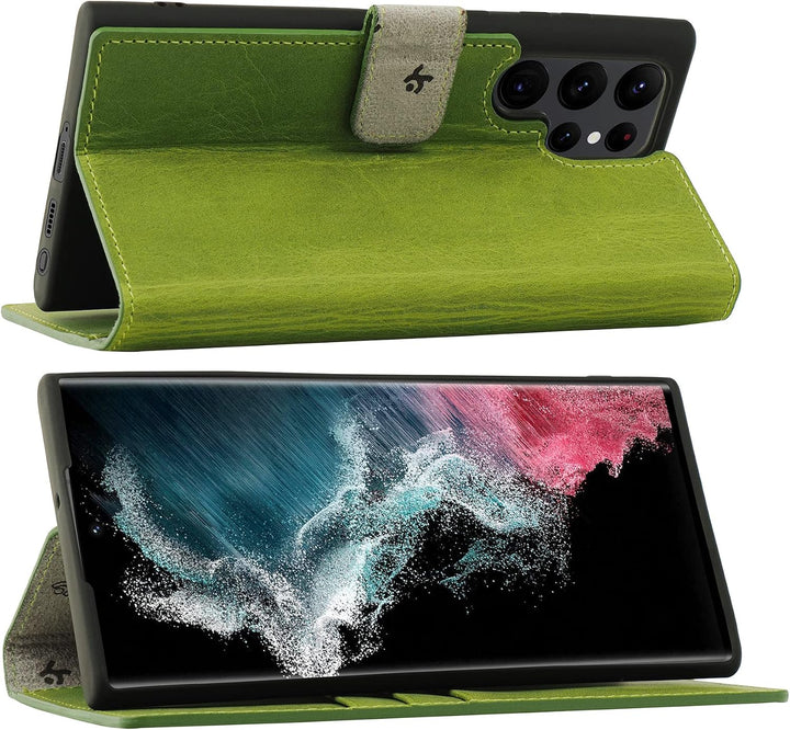 Suncase Book-Style Hülle kompatibel mit Samsung Galaxy S22 Ultra 5G Leder Tasche (Slim-Fit) Lederhül
