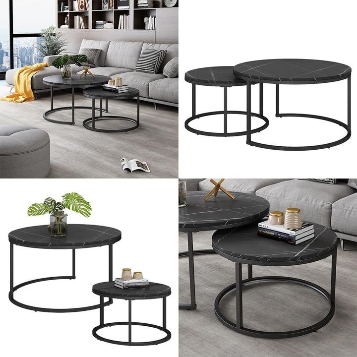 Vicco Couchtisch-Set Montreal, Schwarz/Schwarzer Marmor, 77 x 40 cm 2 Teile 2er Set Schwarz, 2er Set