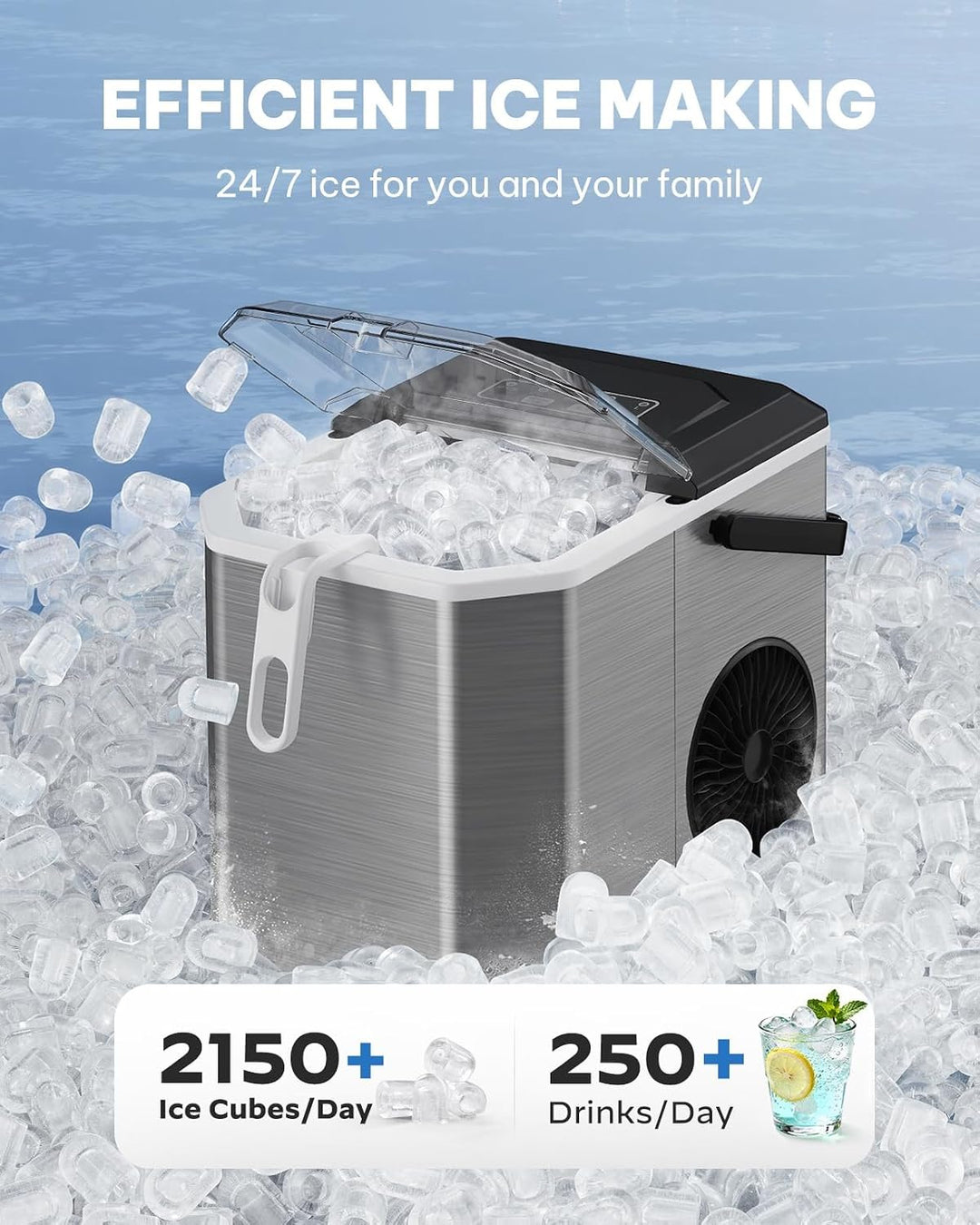 Silonn Eiswürfelmaschine mit Griff-Eiswürfelkorb – Tragbar &amp; Selbstreinigend, Mini Ice Maker 9 Eiswü
