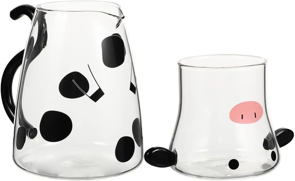 Cabilock Glaskaraffe Milchkrug Wasserkaraffe Kuh Muster Milchkaraffe Glas Glaskrug mit Tasse Glas Sa