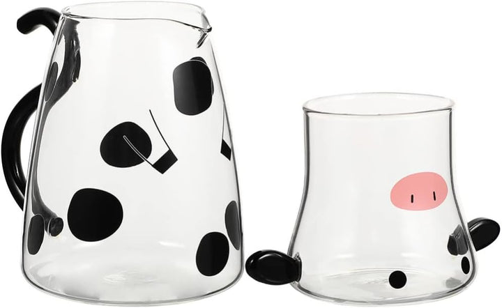 Cabilock Glaskaraffe Milchkrug Wasserkaraffe Kuh Muster Milchkaraffe Glas Glaskrug mit Tasse Glas Sa