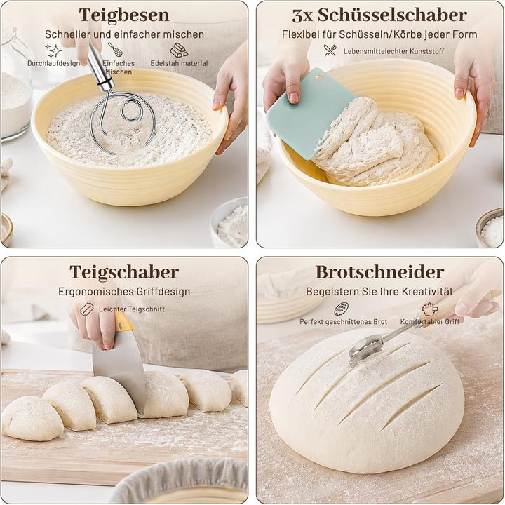 Dhapy Sauerteig Starter Set 12-tlg faltbares Silikon-Gärkörbchen | Brotbackset für Anfänger: rund 23