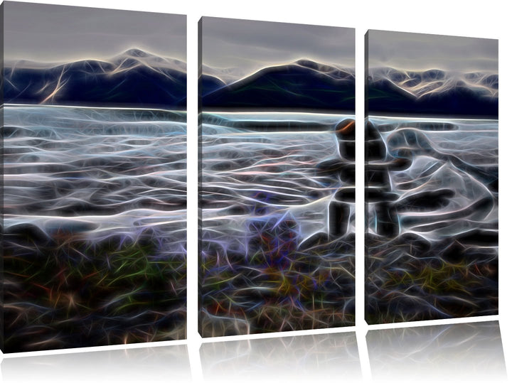 Steinmenschskulptur in winterlicher Landschaft NewArt 3-Teiler Leinwandbild 120x80 Bild auf Leinwand