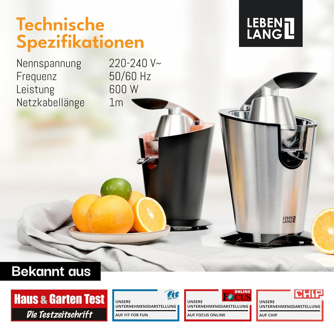 LEBENLANG Orangenpresse elektrische Edelstahl 600W - Inkl. Edelstahlkegel & BPA-Frei I Hohe Saftausb