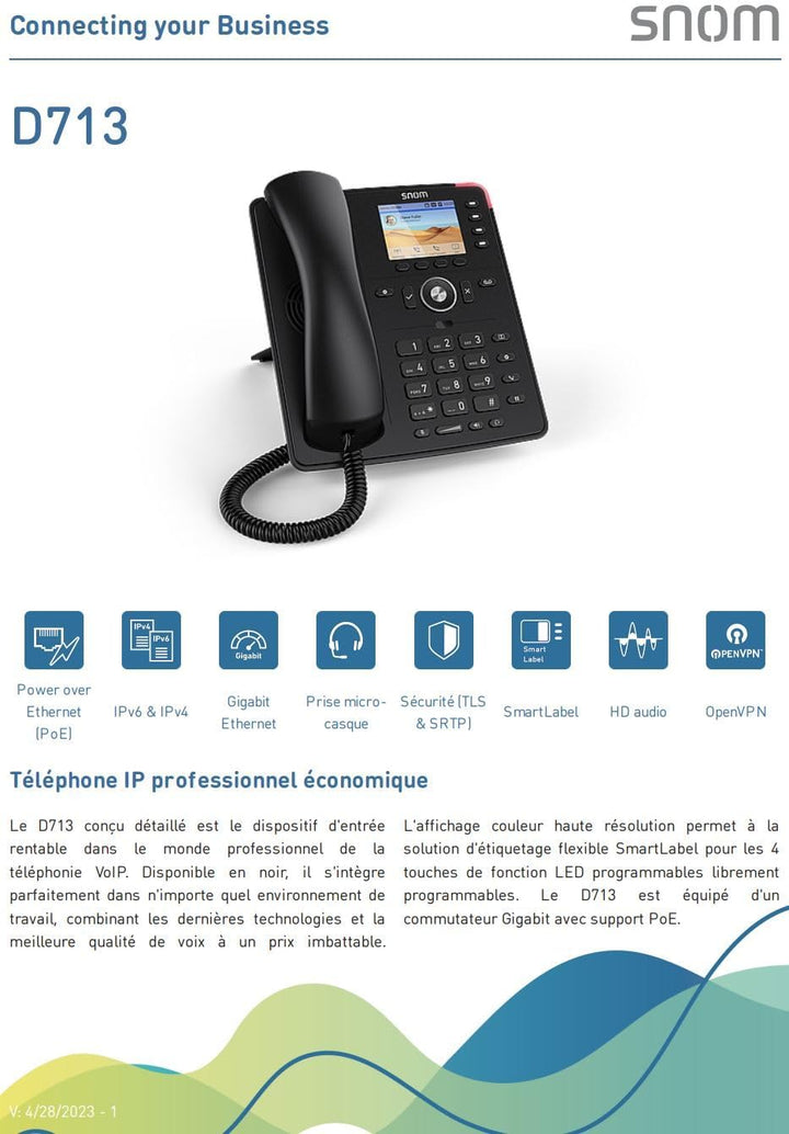 Snom D713 IP Telefon, SIP Tischtelefon (2,8" TFT-Farbdisplay 320 x 240 Pixel, 4 Programierbare Taste