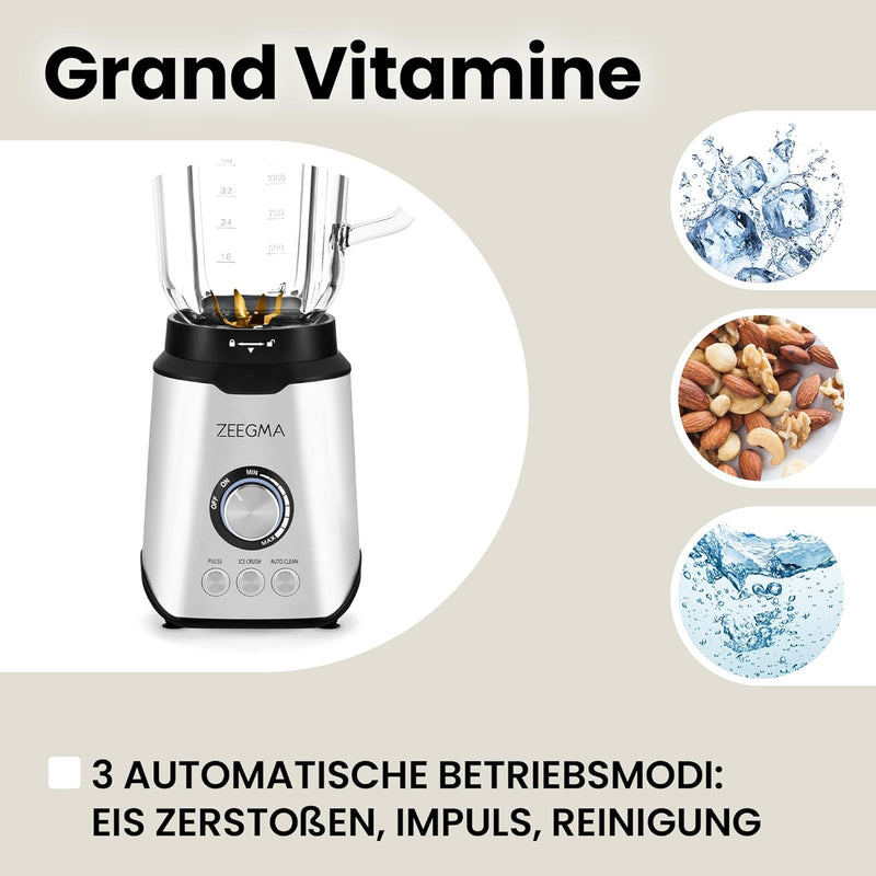 ZEEGMA Grand Vitamine Multifunktions-Standmixer 1600 W, Standmixer mit 1,7 l Glasbehälter, drei Auto