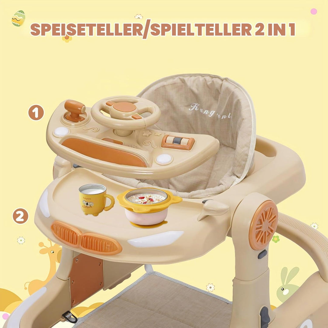 4 in 1 Lauflernhilfe, Baby Walker Höhenverstellbar, Gehhilfe mit Esstablett, Spielcenter, Bodenmatte