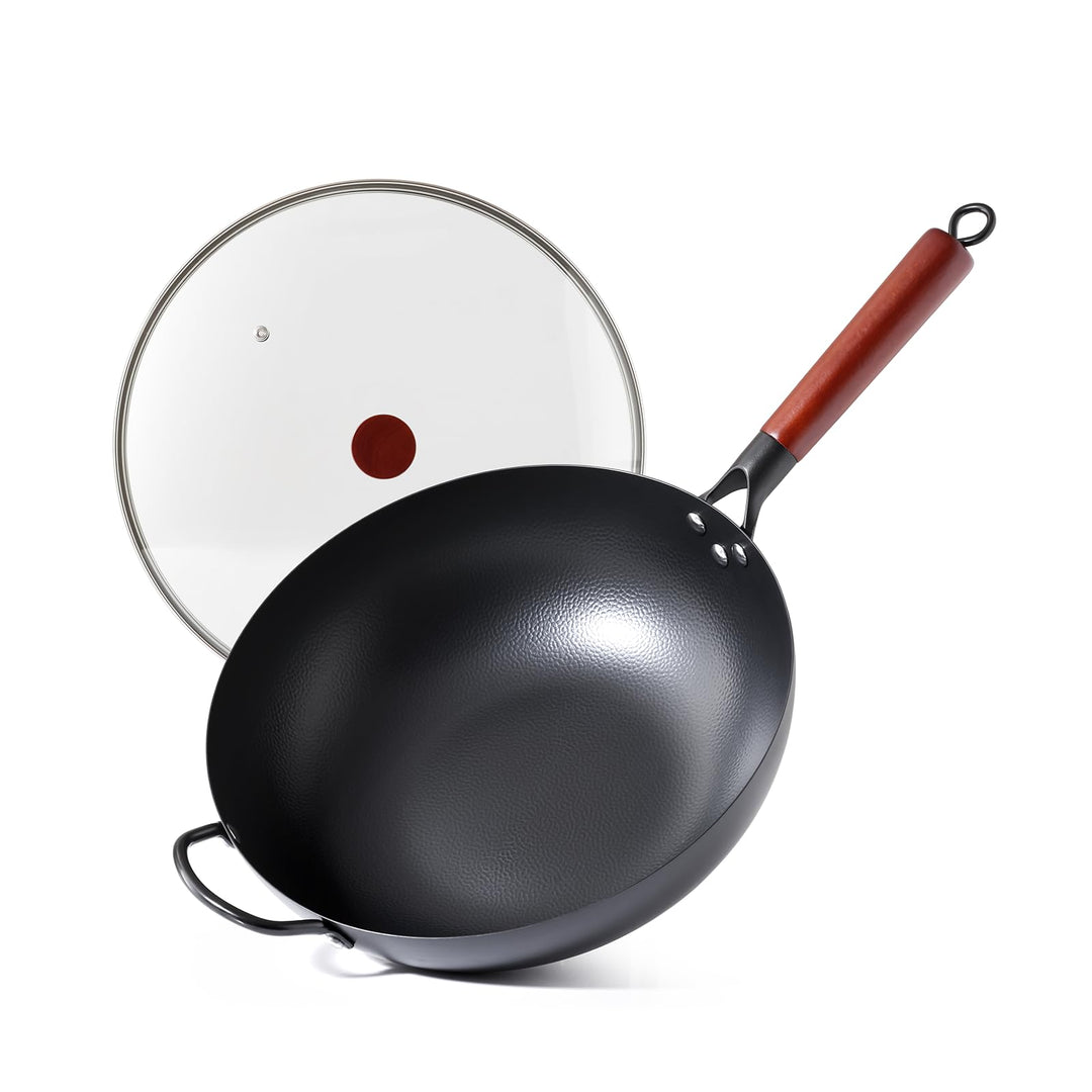 Kordisen 32 cm Wok aus Kohlenstoffstahl mit Deckel, flacher Boden, natürlich antihaftbeschichtet, ge