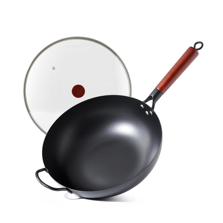 Kordisen 32 cm Wok aus Kohlenstoffstahl mit Deckel, flacher Boden, natürlich antihaftbeschichtet, ge