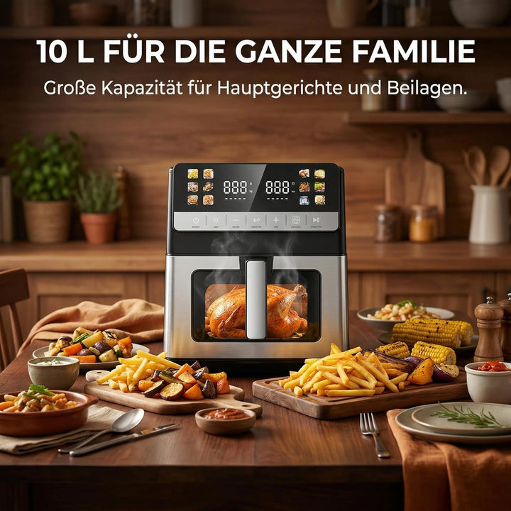 Heissluftfritteuse, 10 Liter XXL Air Fryer, 12in1 Heissluftfritteuse, Zwei Heizelemente Airfryer, To