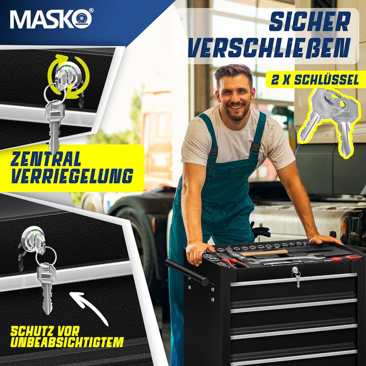 Masko® Werkstattwagen - 5 Schubladen, schwarz ✓ Abschliessbar ✓ Massives Metall | Mobiler Werkzeug-W