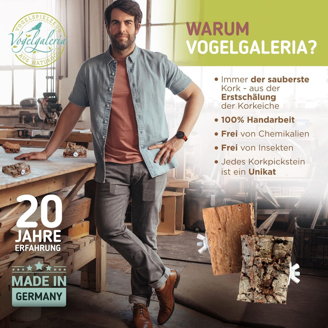 Vogelgaleria® 4 x Kork-Pickstein für Vögel. Die leckere Alternative zum Kalkstein oder Sepia-Schale,