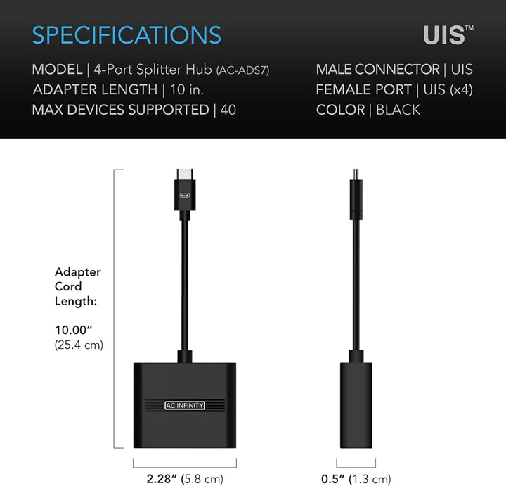 AC Infinity UIS-Splitter-Hub, 4-Port Adapter-Dongle, Verbindungskabel zur gemeinsamen Nutzung der UI
