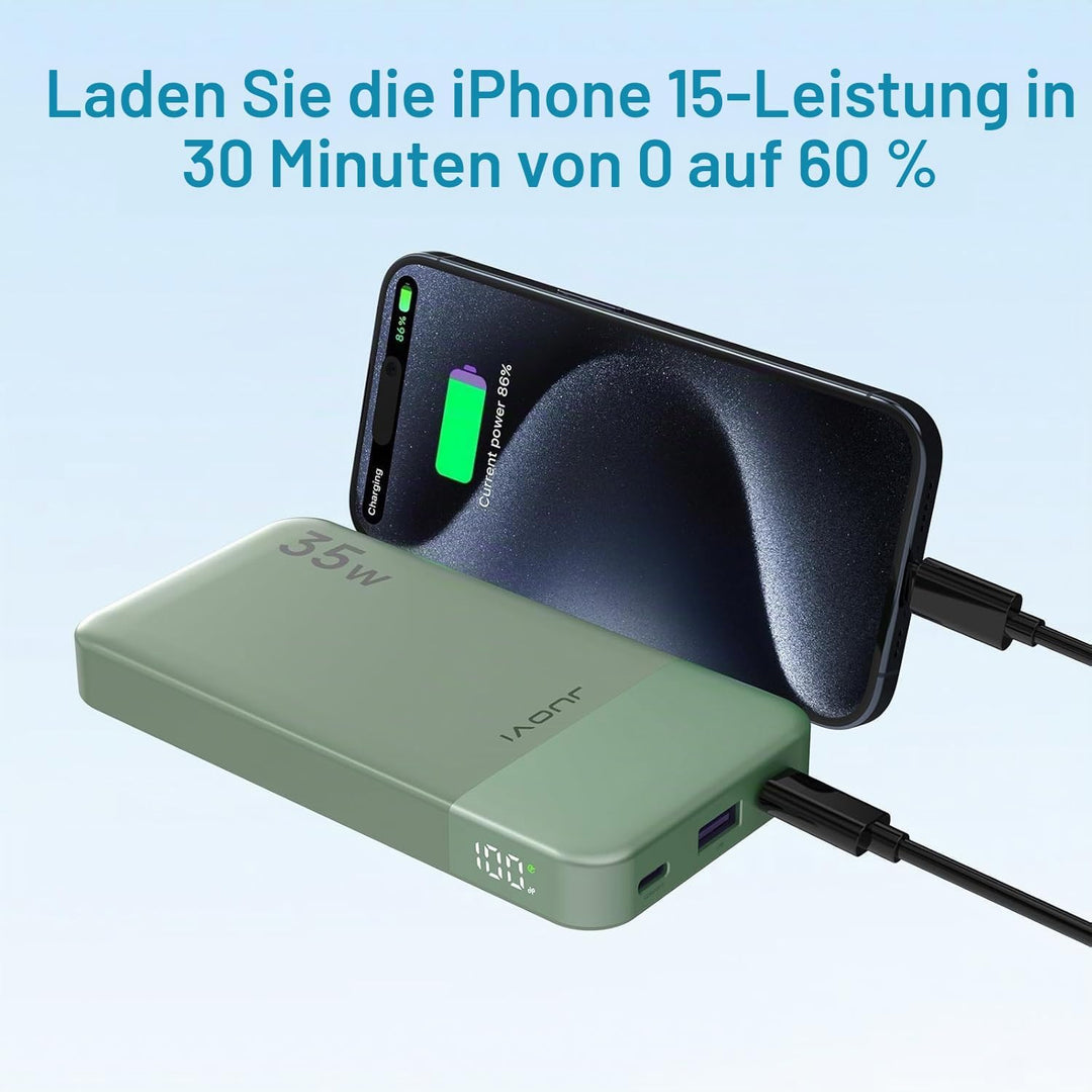 JUOVI Power Bank 10000mAh, 35W Powerbank Schnellaufladung mit 3 Ausgängen und 2 Eingängen, PD3.0 QC