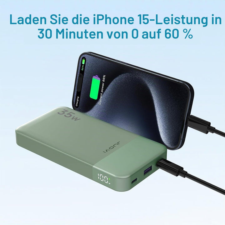 JUOVI Power Bank 10000mAh, 35W Powerbank Schnellaufladung mit 3 Ausgängen und 2 Eingängen, PD3.0 QC