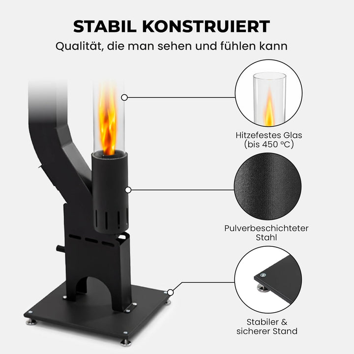Lemodo Pelletfackel Prime, Feuersäule Outdoor mit Glasröhre, für Garten & Terrasse, für Holzpellets,