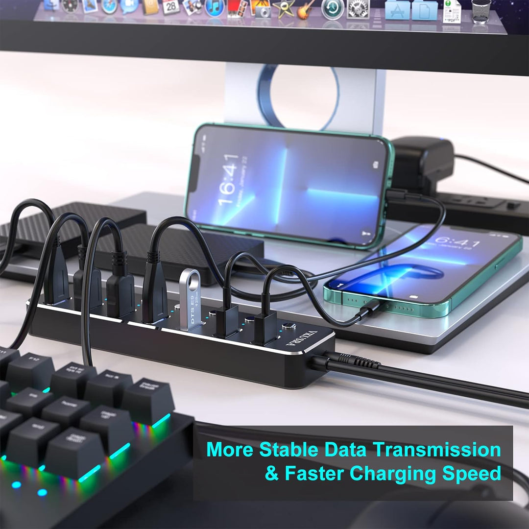 USB Hub 3.0, VKUSRA 7 Port USB Hub Aktiv 3.0 mit 5V/3A Netzteil und Langes Kabel 120cm, Aluminium US