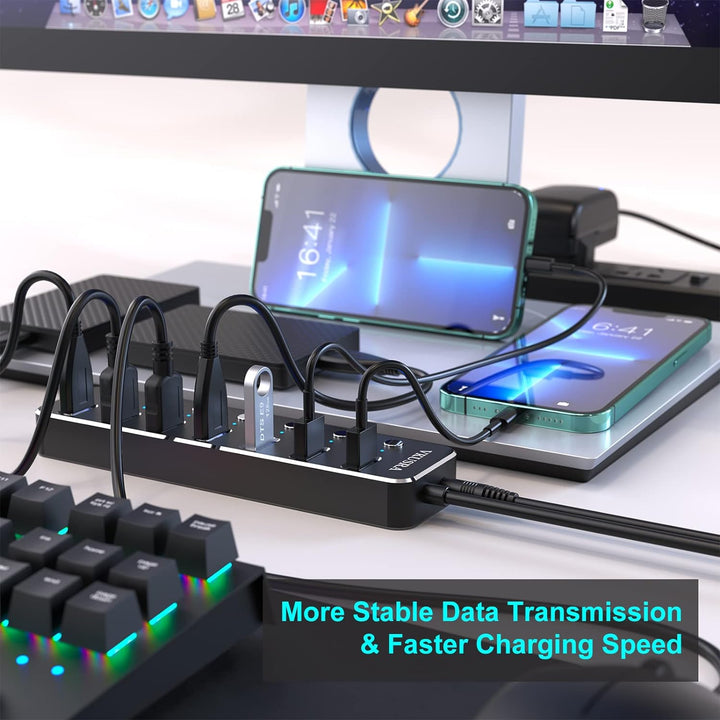 USB Hub 3.0, VKUSRA 7 Port USB Hub Aktiv 3.0 mit 5V/3A Netzteil und Langes Kabel 120cm, Aluminium US
