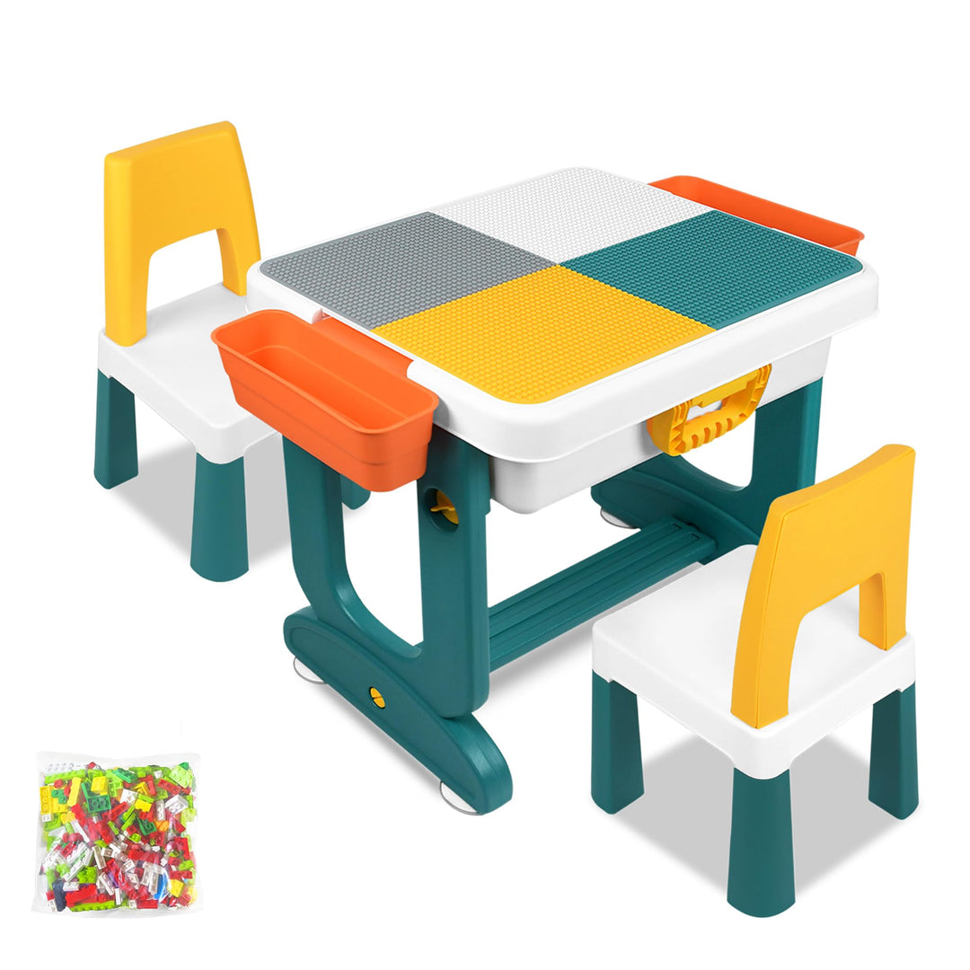6-in-1 Kindertisch mit 2 Stühle, Kinder Spieltisch mit 300 Bausteinen, Doppelseitiger Tischplatte, M