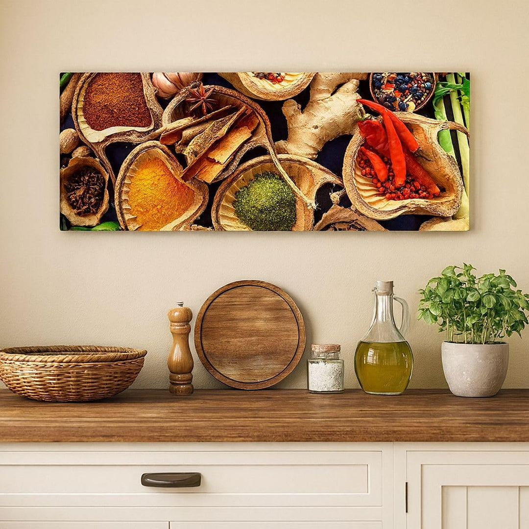 Wandbilder Dekoration Wohnzimmer Essen Kräuter Gewürze Panorama Bilder auf Leinwand 120x50cm Leinwan