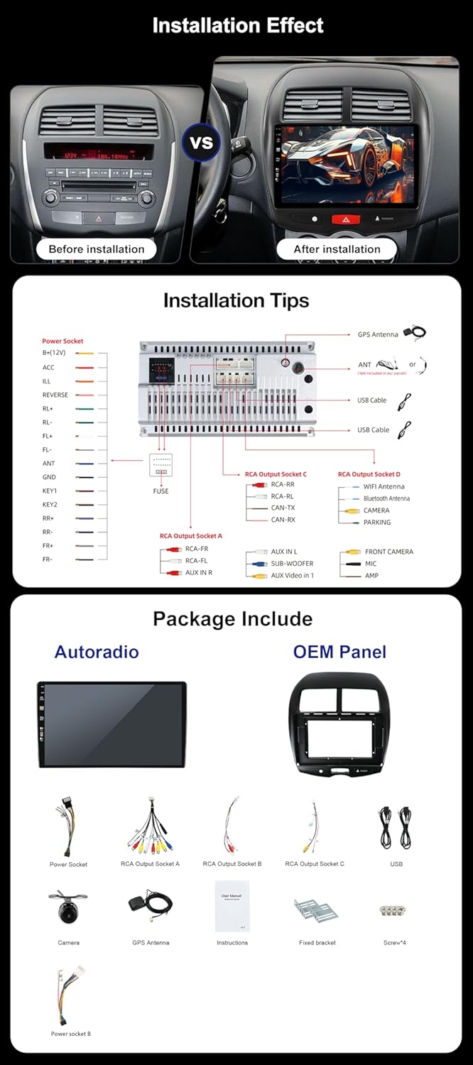 SXAUTO Android 12 IPS Autoradio für Mitsubishi ASX (2010-2019) - Eingebaut CarPlay/Android Auto - Rü