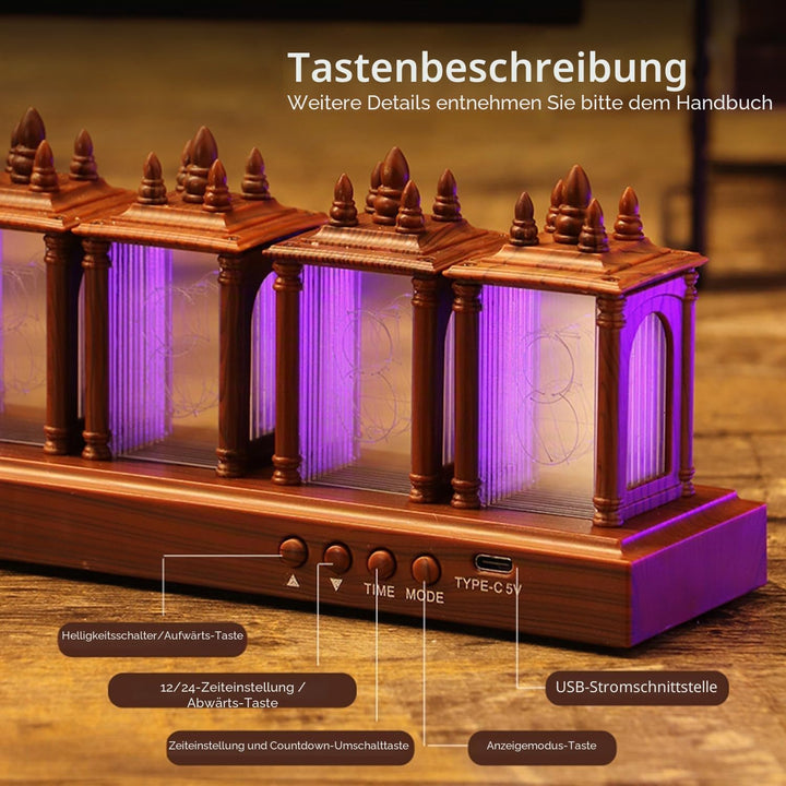 Nixie Röhrenuhr Walnuss Digitaluhr, 12/24h Alarm &amp; Display, Einstellbare Helligkeit und Farbe Nachtl