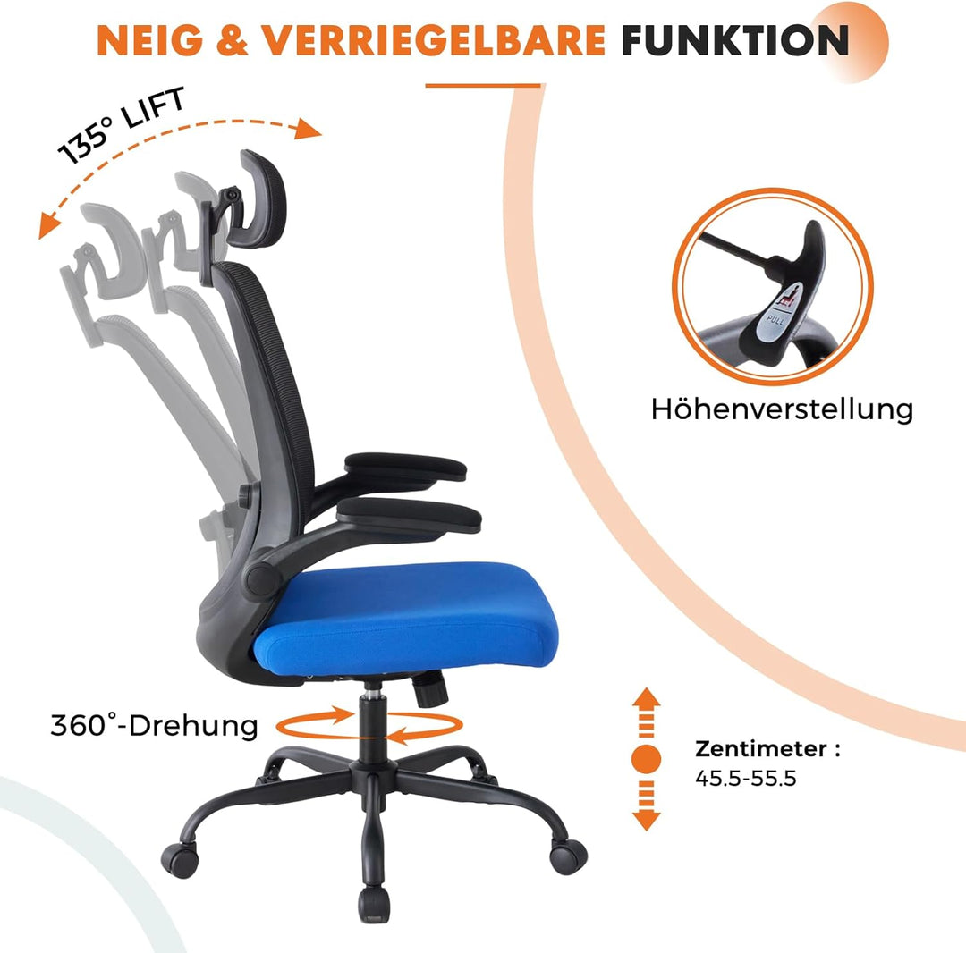 Sweetcrispy Ergonomischer Bürostuhl mit Kopfstütze & verstellbaren Armlehnen, 360° Drehfunktion, Höh