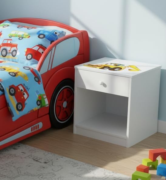 Leomark Nachttisch aus Holz - Herr Bagger - Nachtschränkchen mit Schublade, Nachtschrank für Kinder,