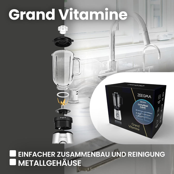 ZEEGMA Grand Vitamine Multifunktions-Standmixer 1600 W, Standmixer mit 1,7 l Glasbehälter, drei Auto