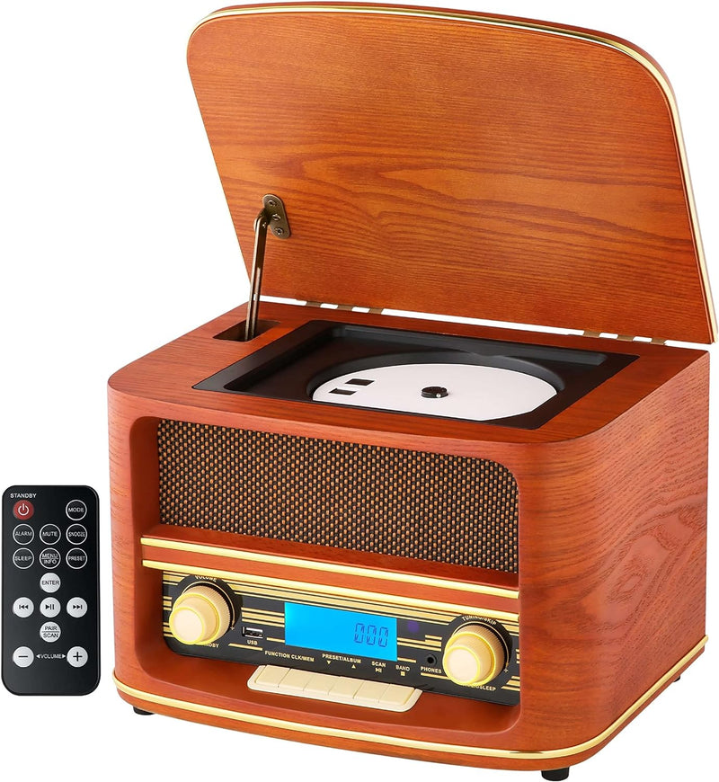 Nostalgie Kompaktanlage | Bluetooth | LCD Display | Retro Radio Holz mit CD Player | USB | Musikanla