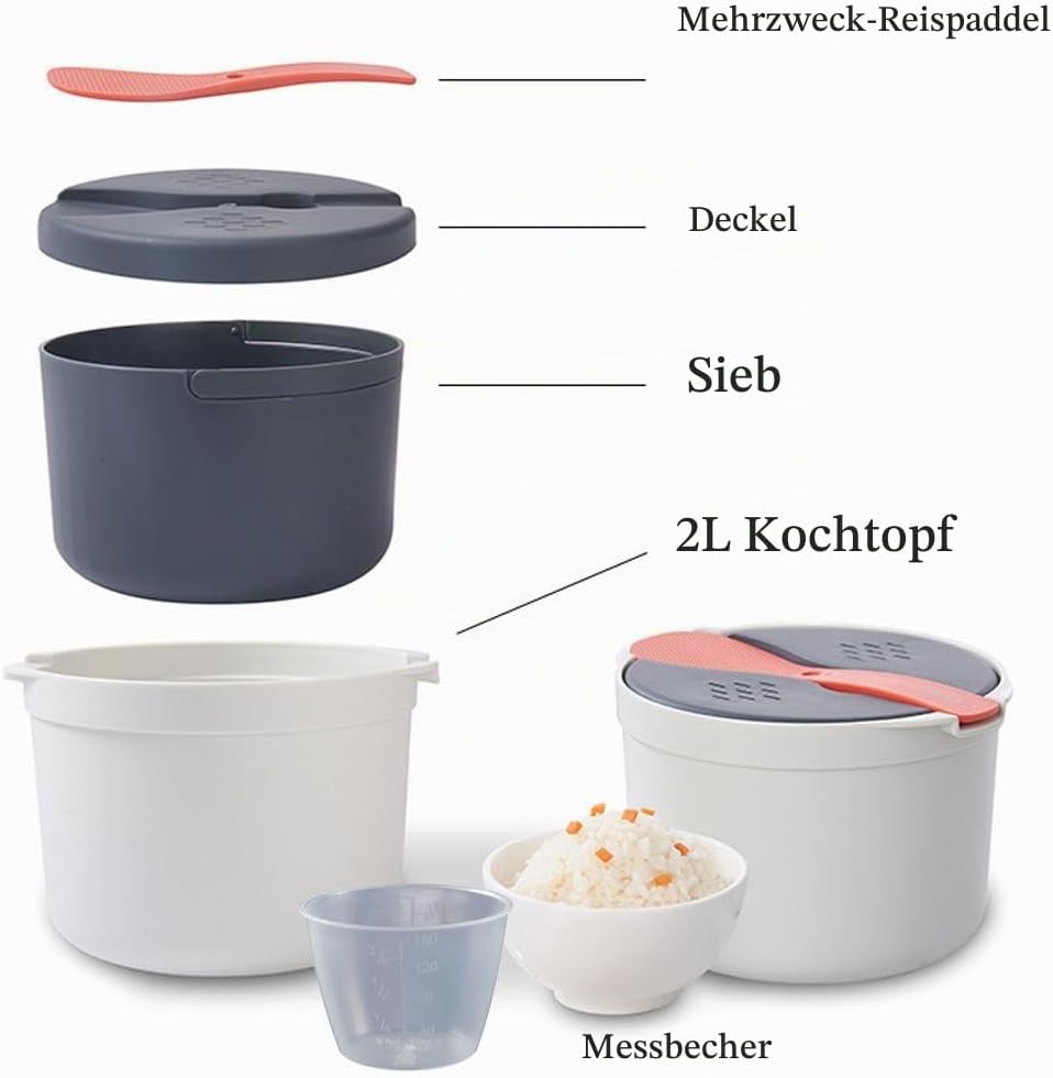 AXIM Reiskocher für Mikrowelle,2 L Reismaschine Mikrowellen-Nudelkocher,Mikrowellenherd Dampfgarer m