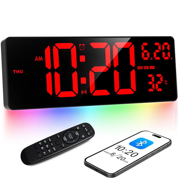 XREXS 16,5'' Grosse Digitale Wanduhr, automatische Zeitkalibrierung, rotes Digitaldisplay mit bunter