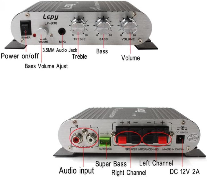 LP-838 MINI Digital Car Power Amplifier 2.1CH 20W 2x15W Hi-Fi MP3 MP4 Stereo Booster DVD Motorrad Ho