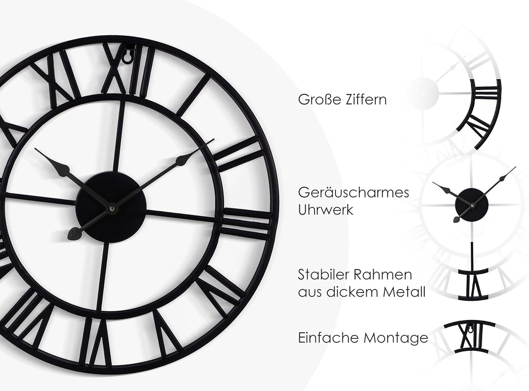 Grosse Wanduhr im Vintage-Stil, rund, geräuschlos, schwarz. Gratis dazu EIN Extraset Uhrzeiger in Go