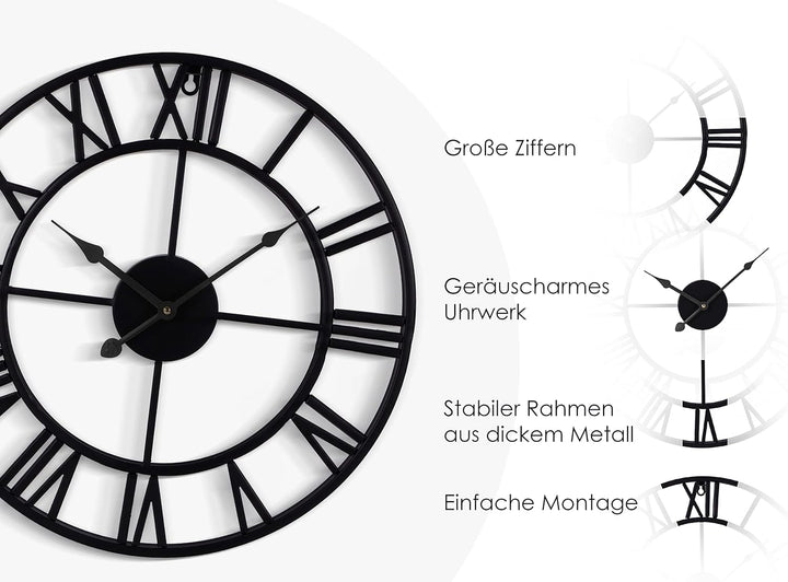 Grosse Wanduhr im Vintage-Stil, rund, geräuschlos, schwarz. Gratis dazu EIN Extraset Uhrzeiger in Go