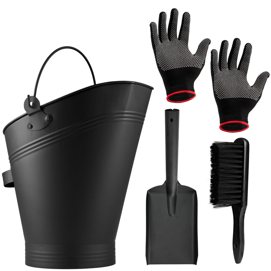 DecoExpress Aschekasten Kaminzubehör Set mit Ascheeimer 7 Liter, Asche Schaufel, Bürste & Handschuhe